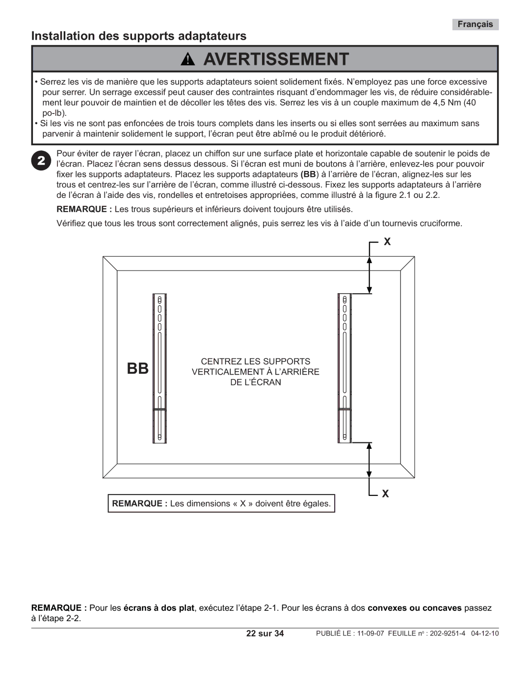 Peerless Industries PF640 Installation des supports adaptateurs, Centrez LES Supports Verticalement À L’ARRIÈRE DE L’ÉCRAN 