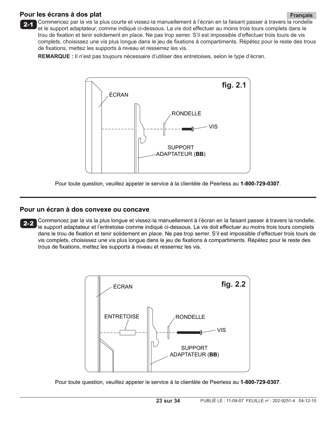 Peerless Industries PWS211, PF640 manual Pour un écran à dos convexe ou concave, 23 sur 