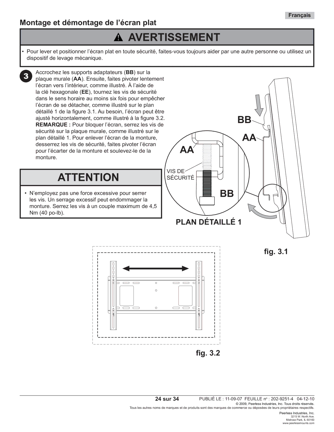 Peerless Industries PF640, PWS211 manual Montage et démontage de l’écran plat, Sécurité, 24 sur 