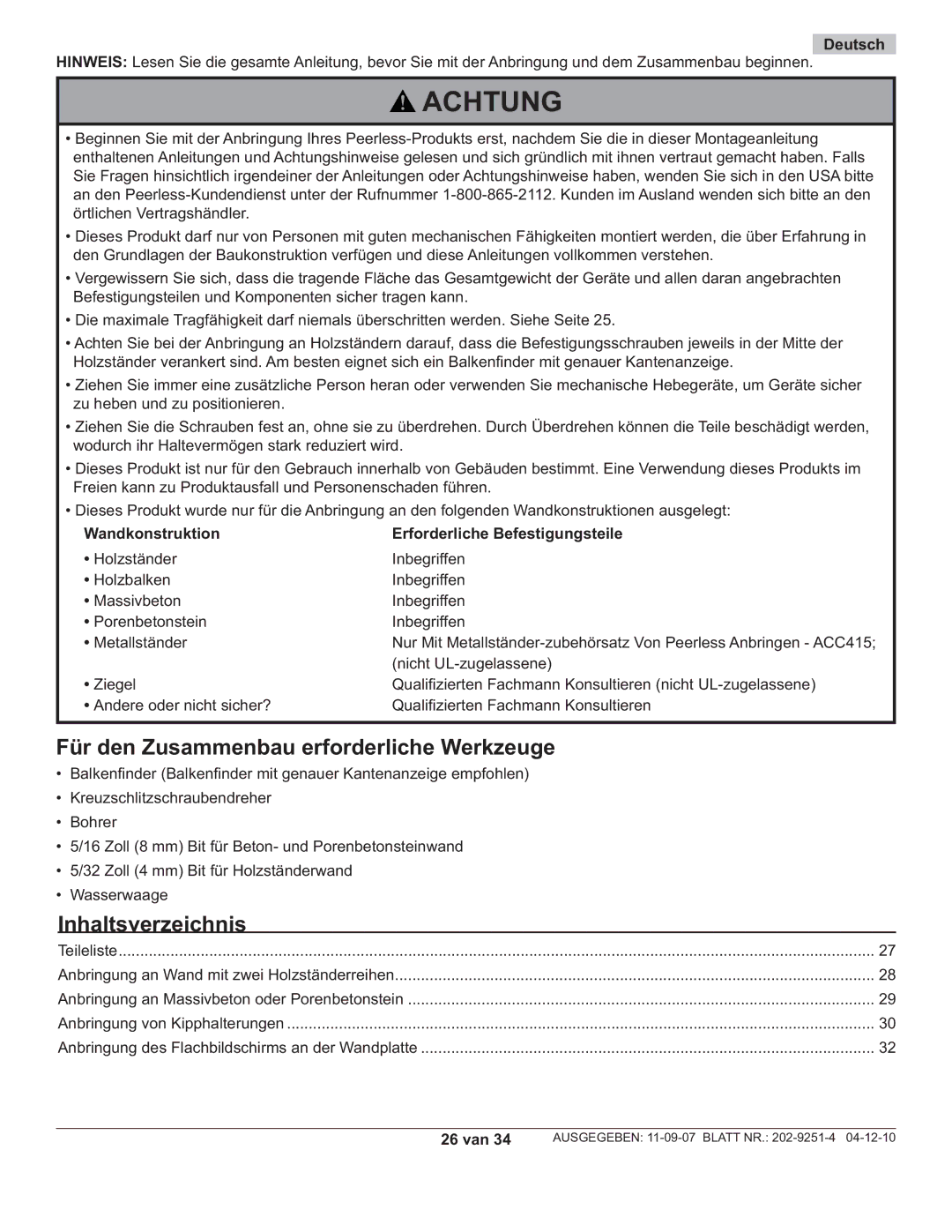 Peerless Industries PF640, PWS211 manual Für den Zusammenbau erforderliche Werkzeuge, Inhaltsverzeichnis, Deutsch, 26 van 