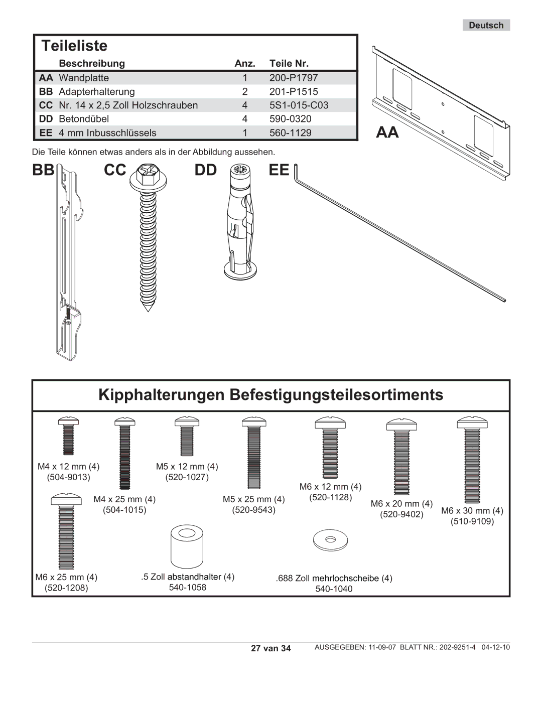 Peerless Industries PWS211, PF640 manual Teileliste, 27 van 