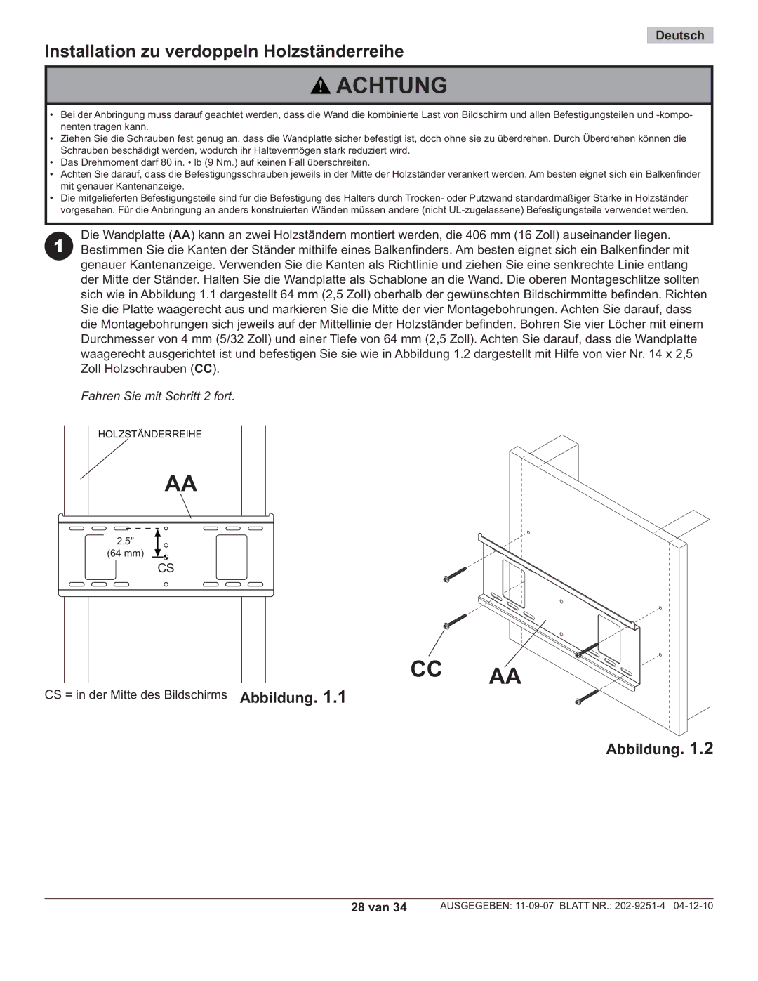 Peerless Industries PF640, PWS211 manual Installation zu verdoppeln Holzständerreihe, 28 van 