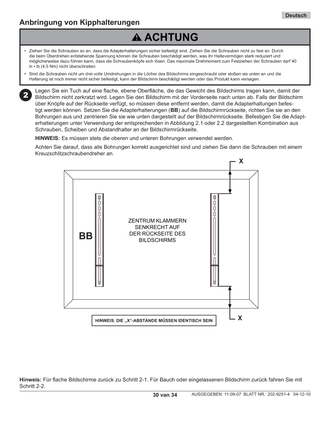 Peerless Industries PF640, PWS211 manual Anbringung von Kipphalterungen, 30 van 