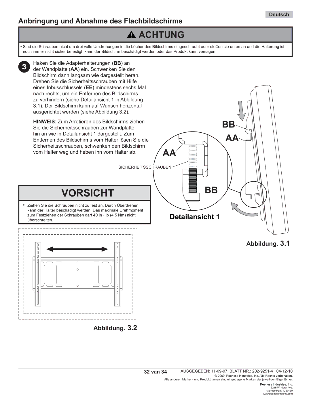 Peerless Industries PF640, PWS211 manual Anbringung und Abnahme des Flachbildschirms, 32 van 