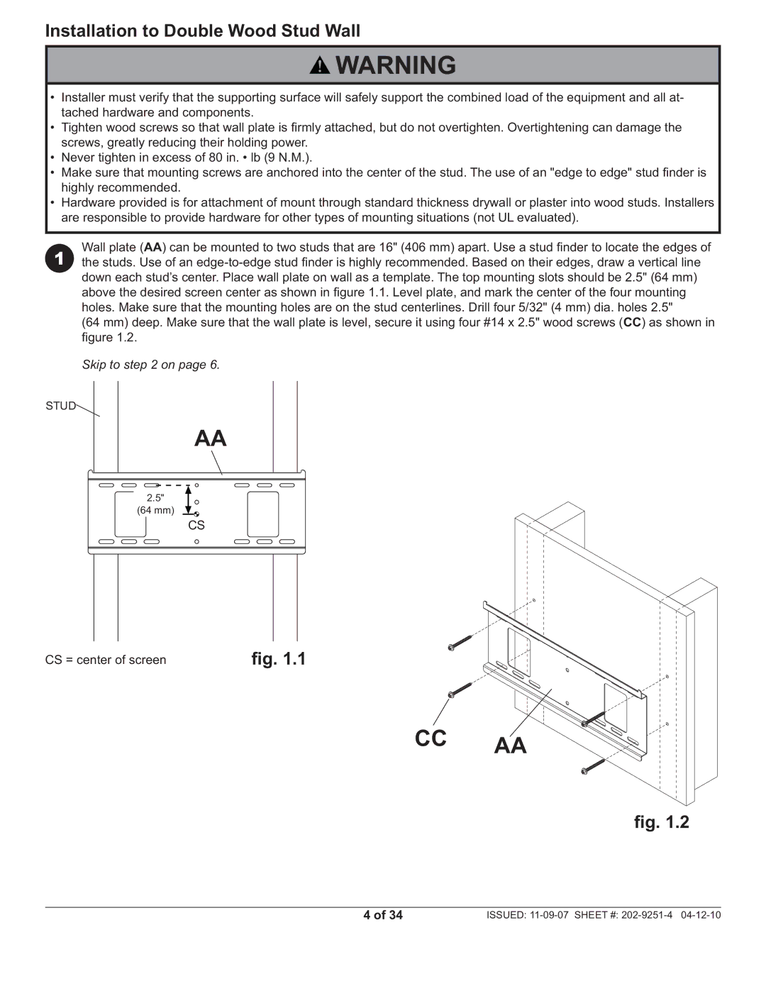 Peerless Industries PF640, PWS211 manual Cc Aa, Installation to Double Wood Stud Wall 