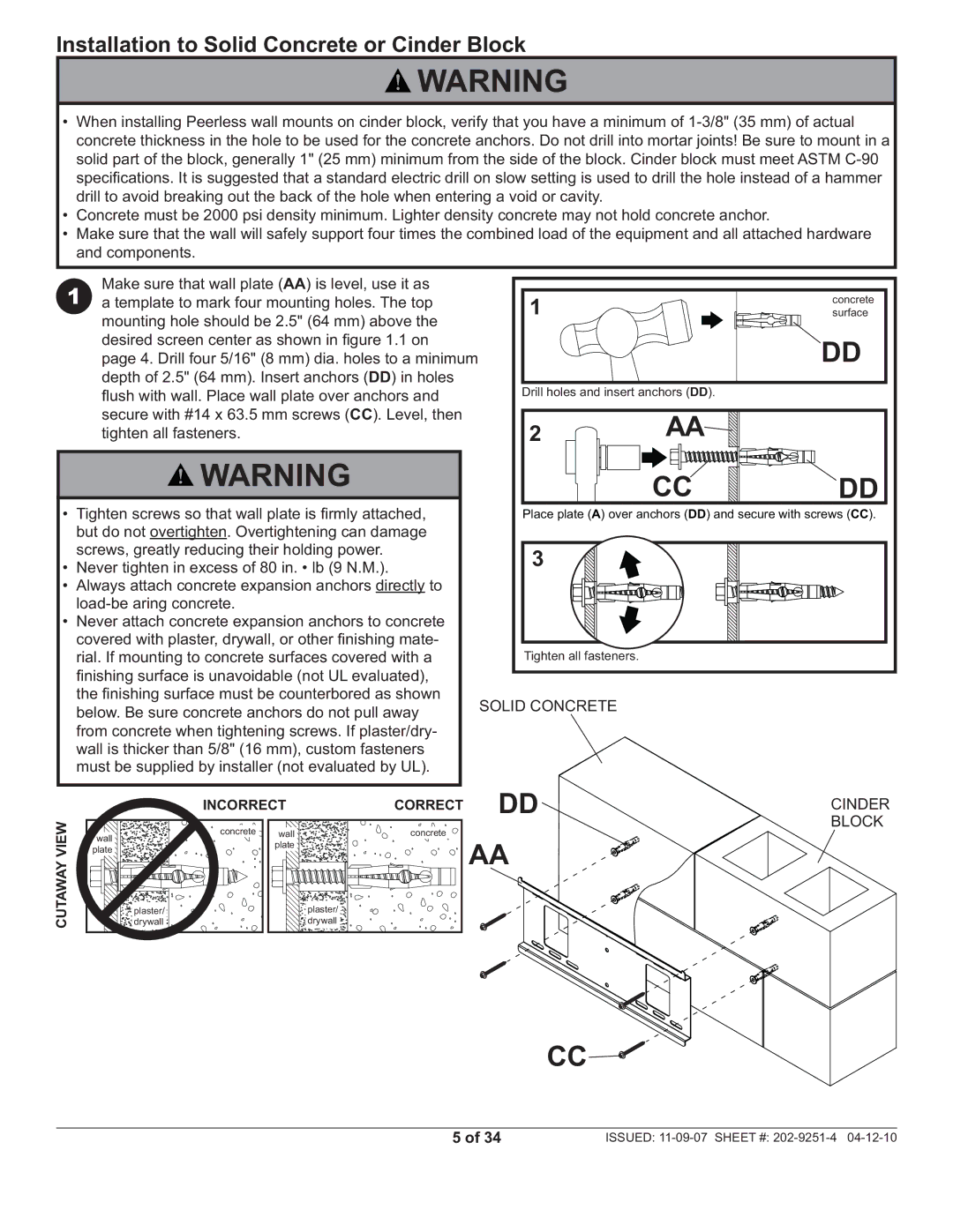 Peerless Industries PWS211, PF640 manual Installation to Solid Concrete or Cinder Block 