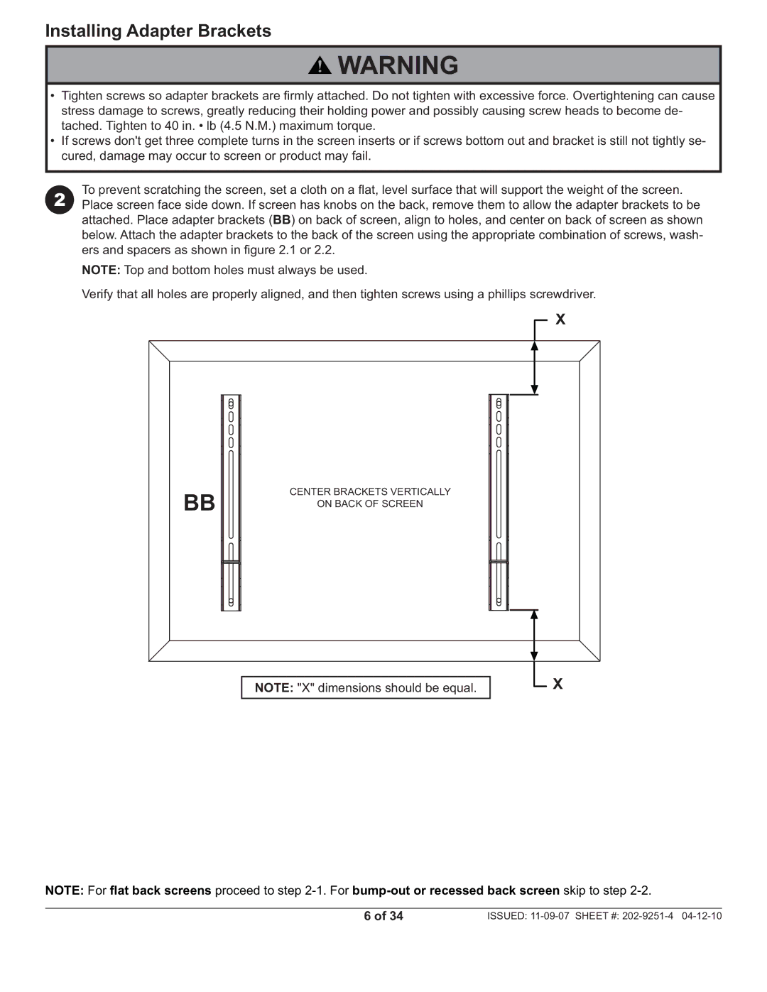 Peerless Industries PF640, PWS211 manual Installing Adapter Brackets 