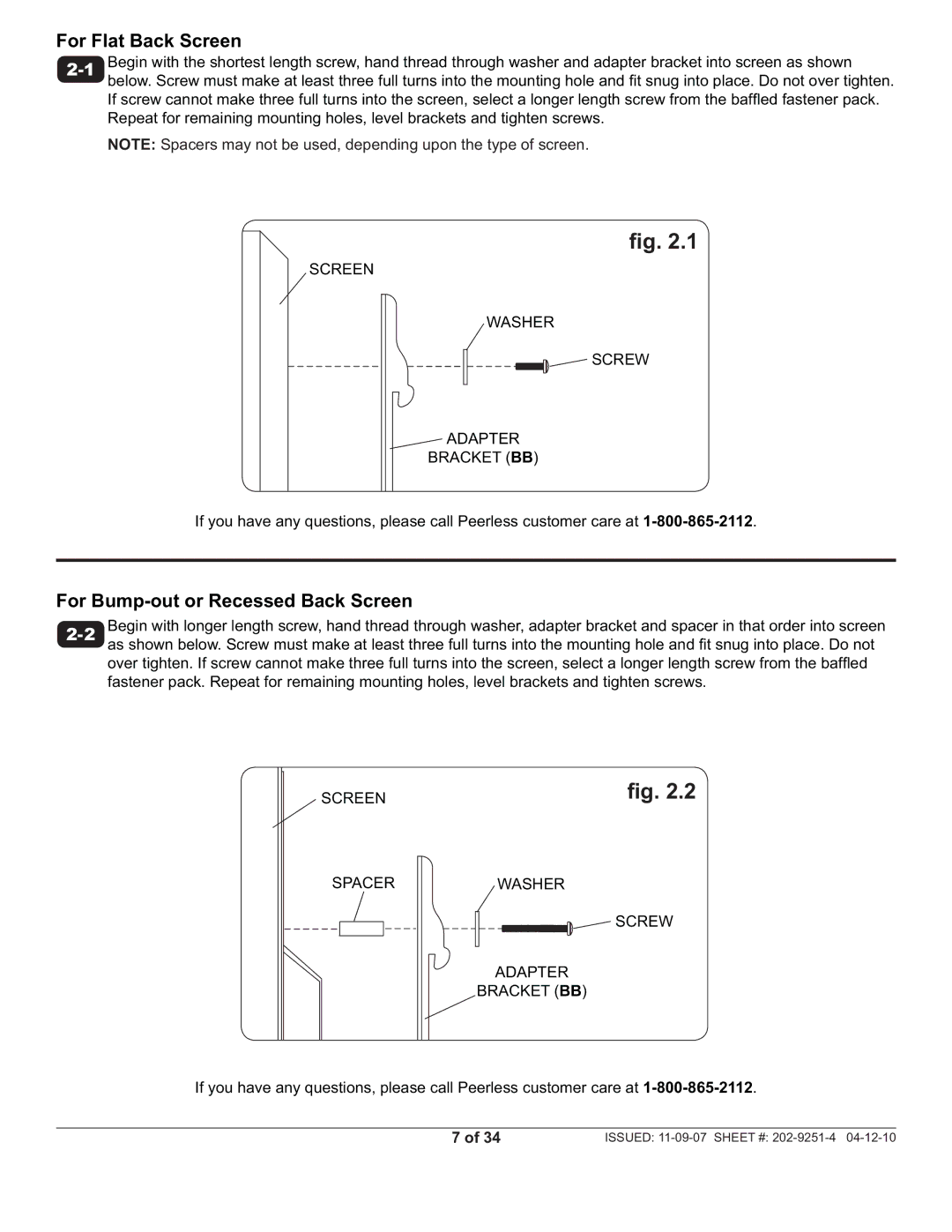 Peerless Industries PWS211, PF640 manual For Flat Back Screen 