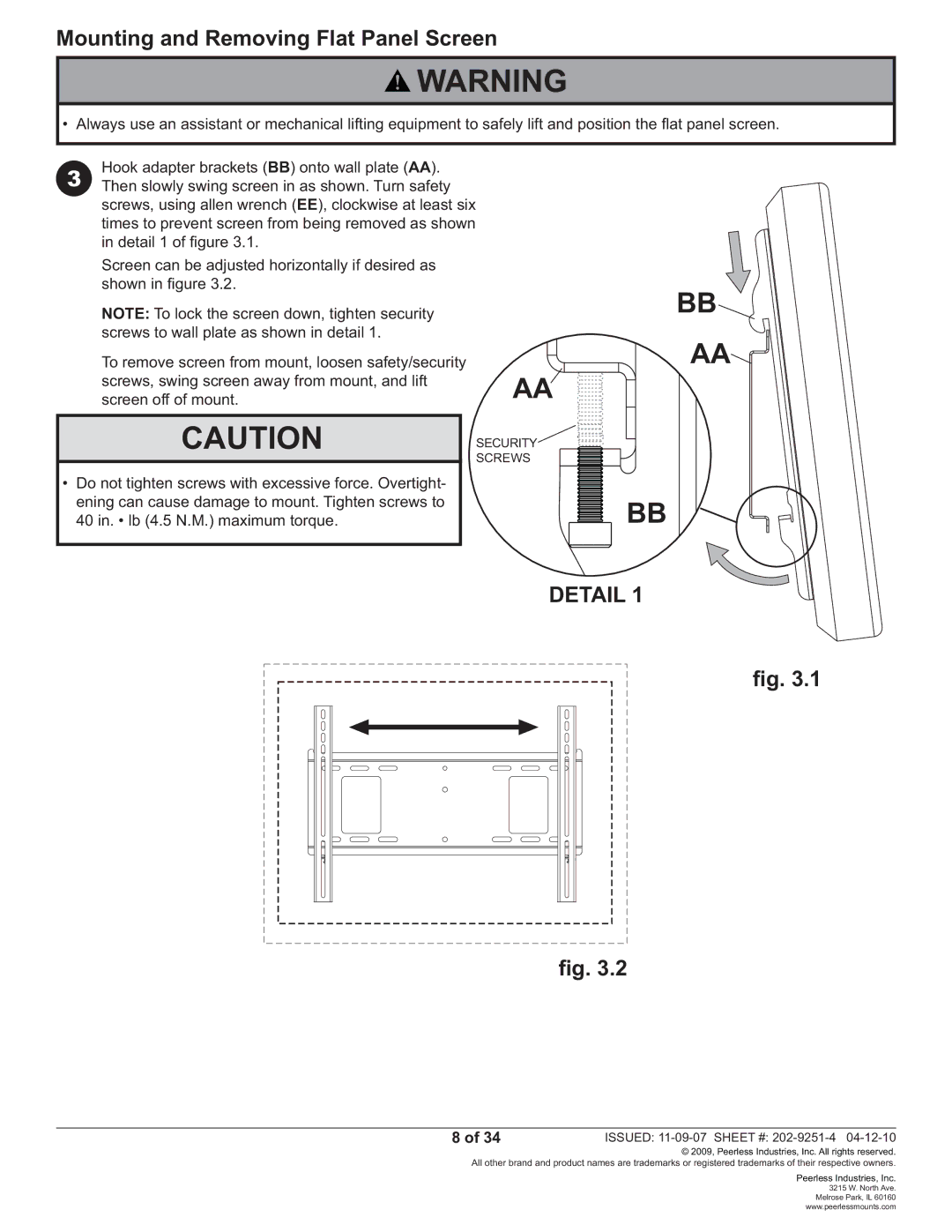 Peerless Industries PF640, PWS211 manual Mounting and Removing Flat Panel Screen, Detail 