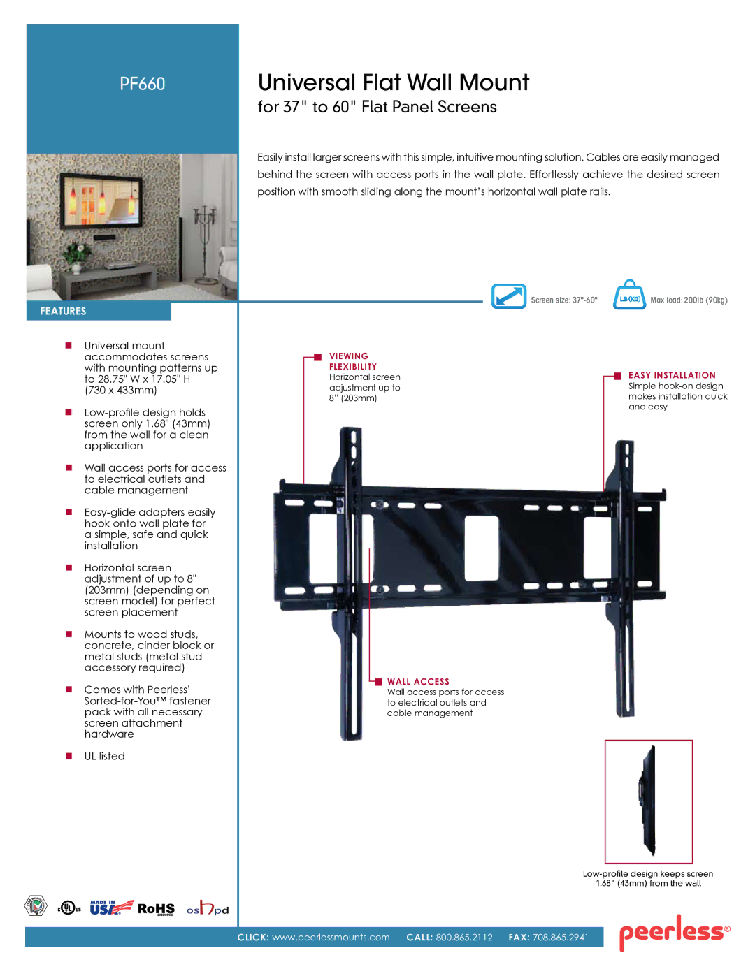 Peerless Industries PF660 manual Universal Flat Wall Mount, For 37 to 60 Flat Panel Screens, FeatureS 