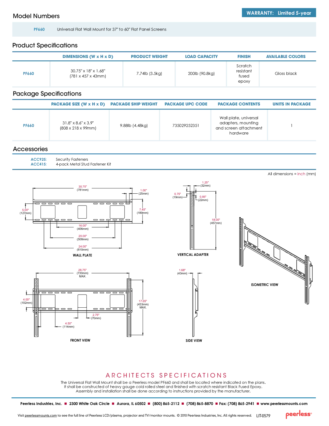 Peerless Industries PF660 manual Model Numbers, Product Specifications, Package Specifications, Accessories 