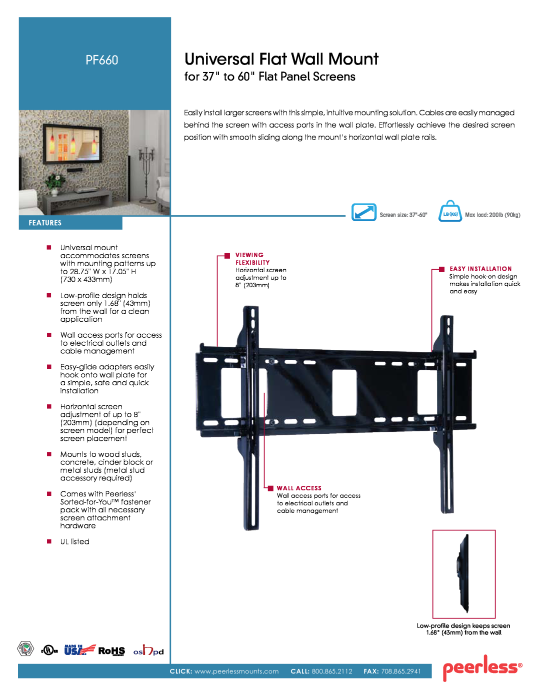 Peerless Industries PF660 manual Universal Flat Wall Mount, for 37 to 60 Flat Panel Screens, FeatureS 