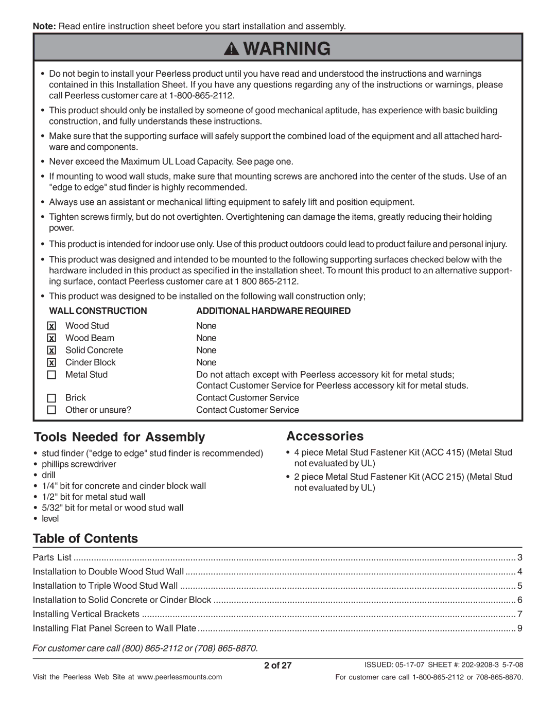 Peerless Industries PFT660, PFT640 manual Tools Needed for Assembly, Accessories, Table of Contents 