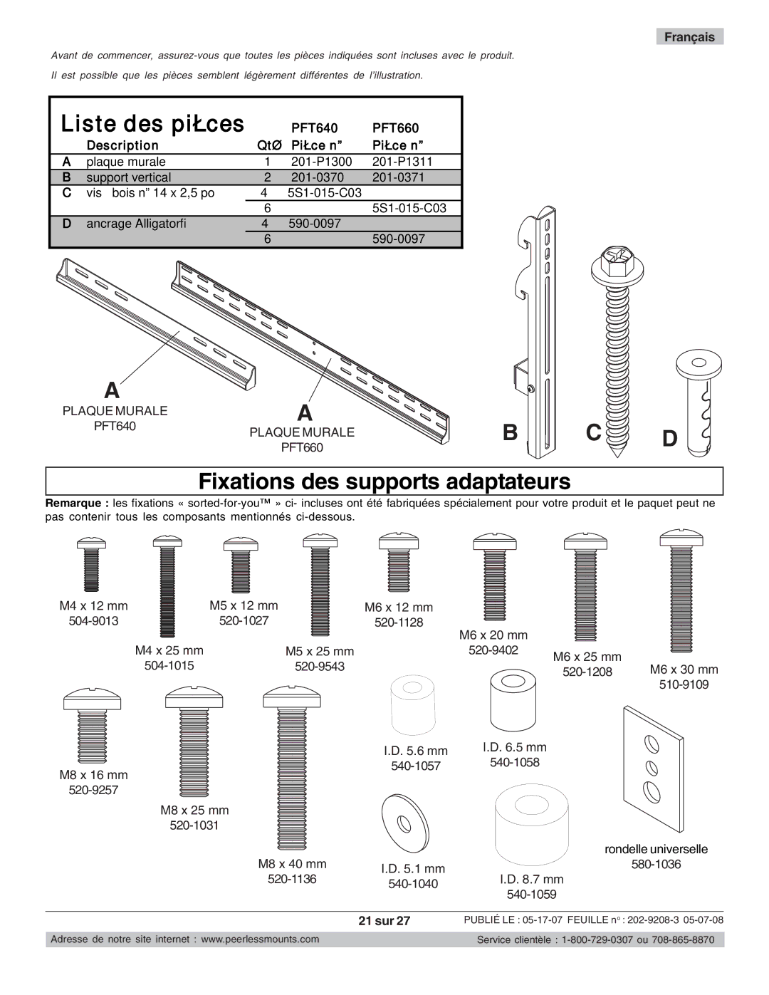 Peerless Industries PFT640, PFT660 manual Liste des pièces, 21 sur 