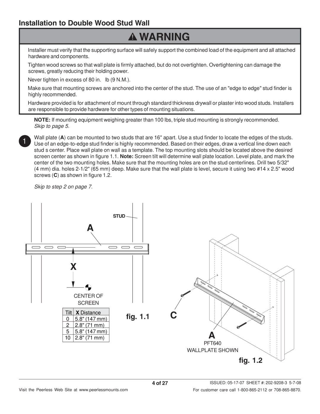 Peerless Industries PFT660, PFT640 manual Installation to Double Wood Stud Wall, Skip to on 