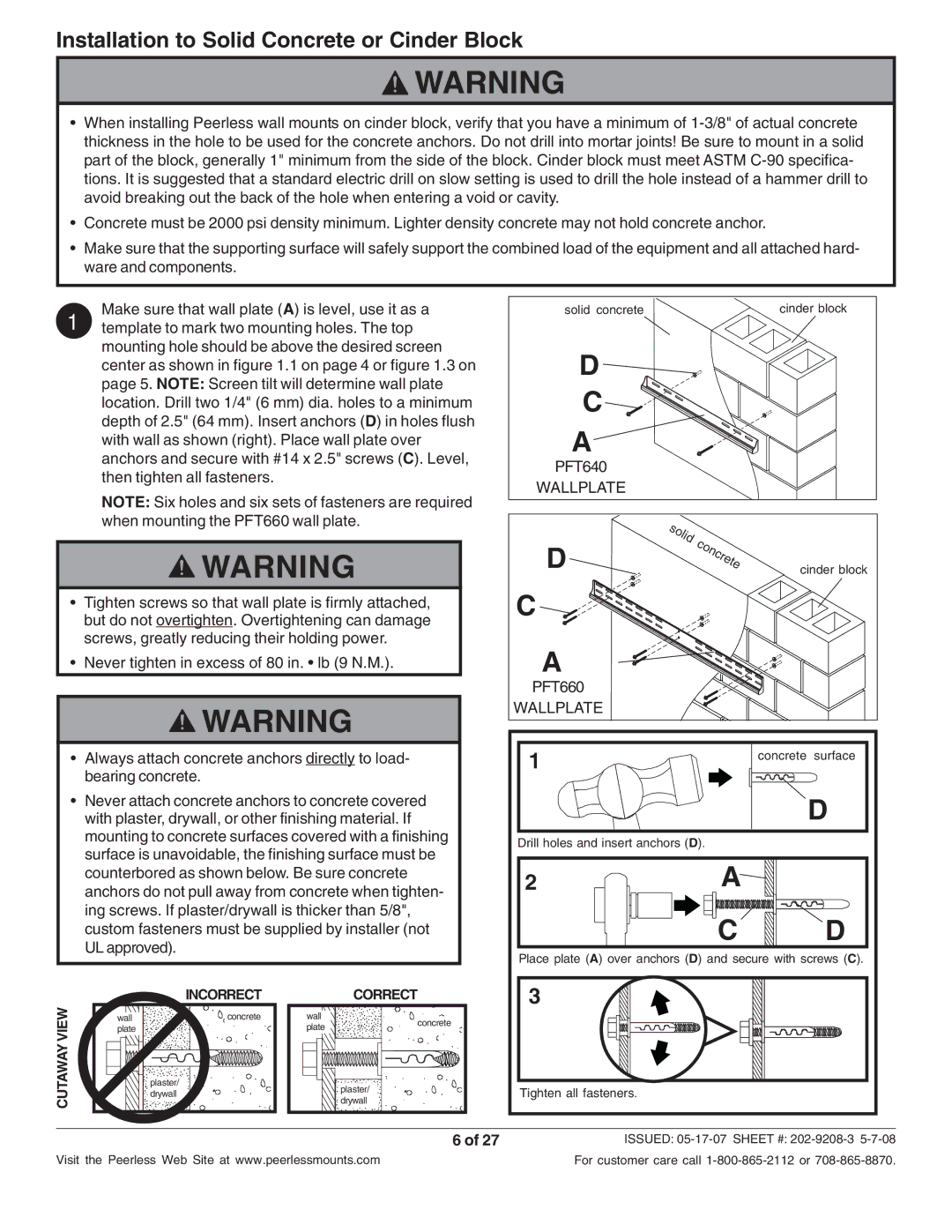 Peerless Industries PFT660, PFT640 manual Installation to Solid Concrete or Cinder Block, View Incorrect Correct 