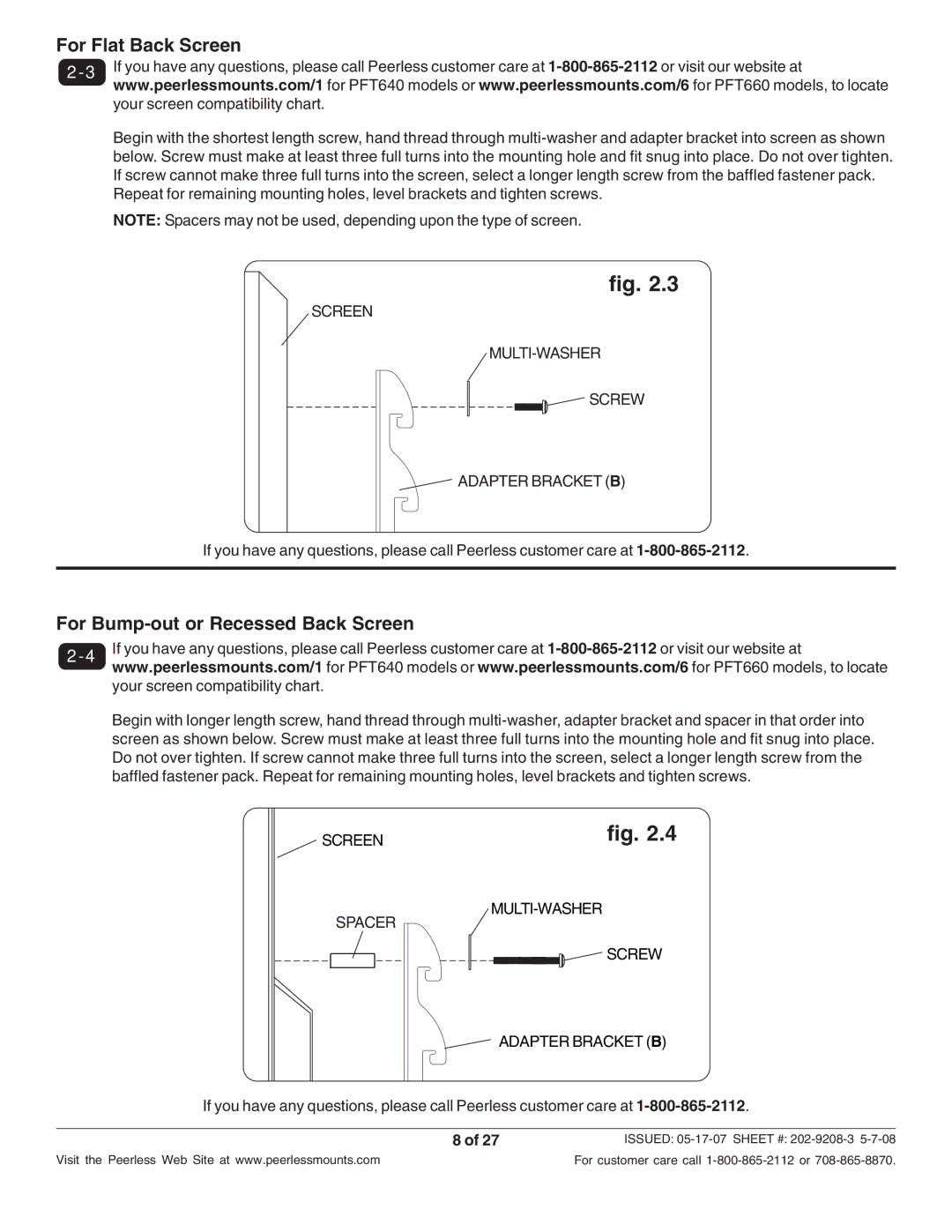 Peerless Industries PFT660, PFT640 manual For Flat Back Screen 