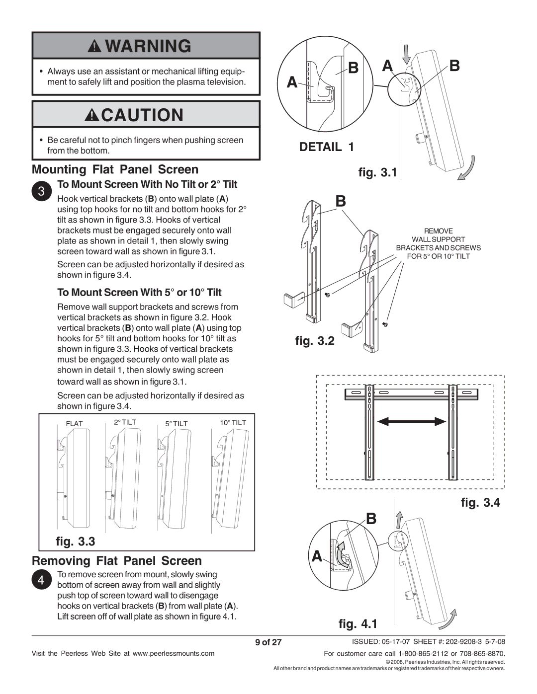 Peerless Industries PFT640, PFT660 manual Mounting Flat Panel Screen, Removing Flat Panel Screen 