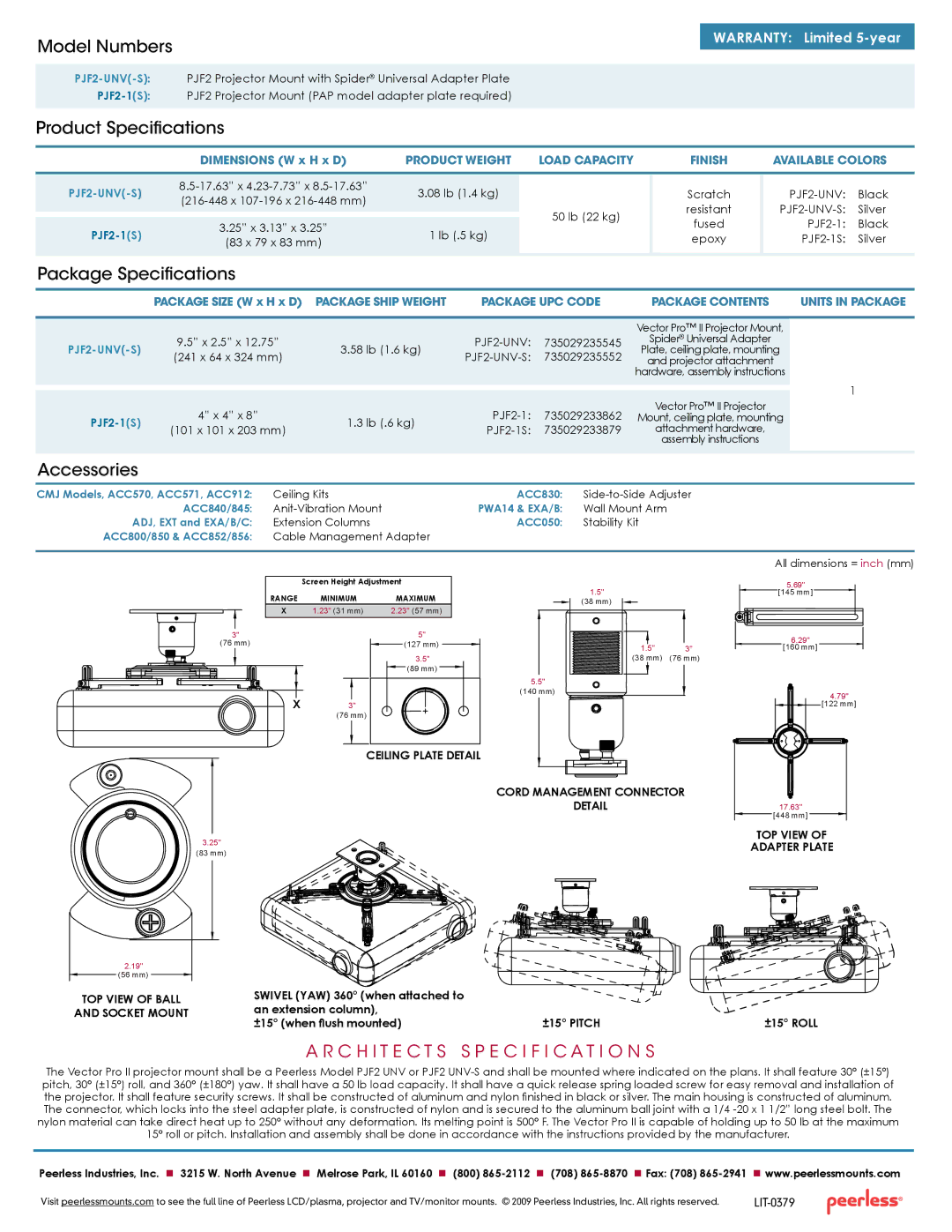 Peerless Industries PJF2-1(S), PJF2-UNV(-S) Model Numbers, Product Specifications, Package Specifications, Accessories 