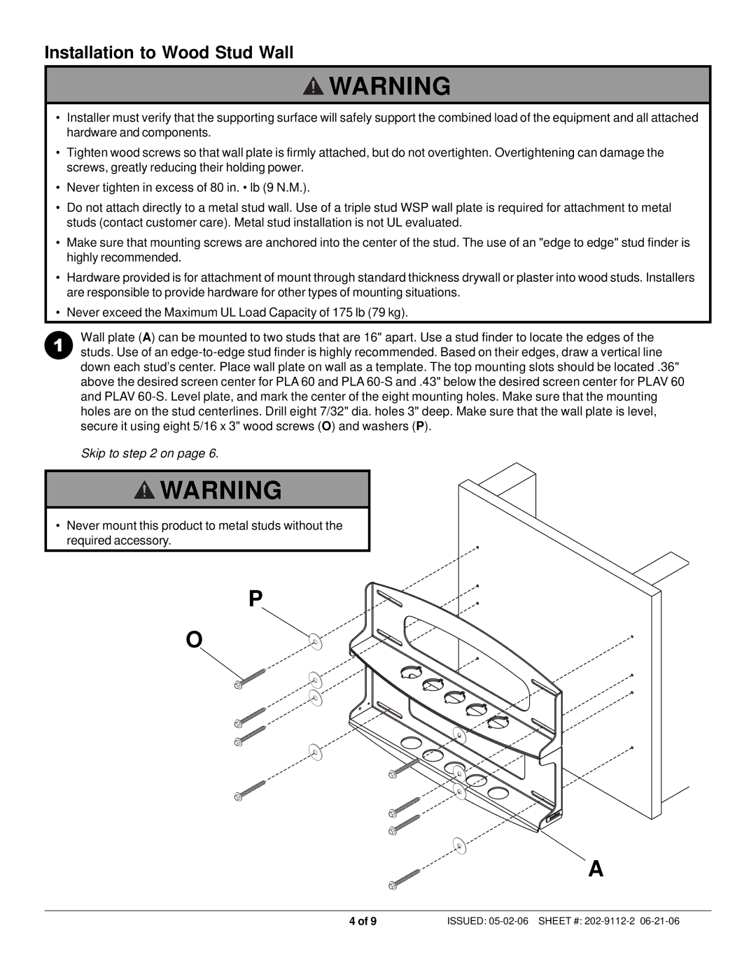 Peerless Industries PLAV 60-S, PLA 60-S manual Installation to Wood Stud Wall, Skip to on 