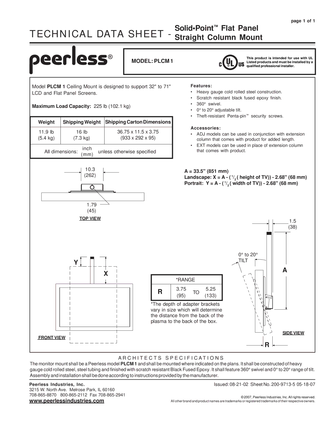 Peerless Industries PLCM 1 specifications Model Plcm, Tilt Range, C H I T E C T S Specification S 