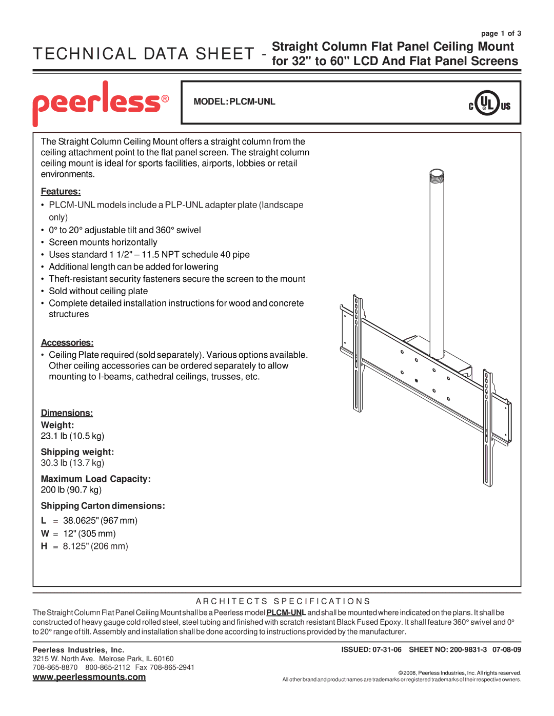 Peerless Industries PLCM-UNL installation instructions Modelplcm-Unl, Features, Accessories, Dimensions Weight 