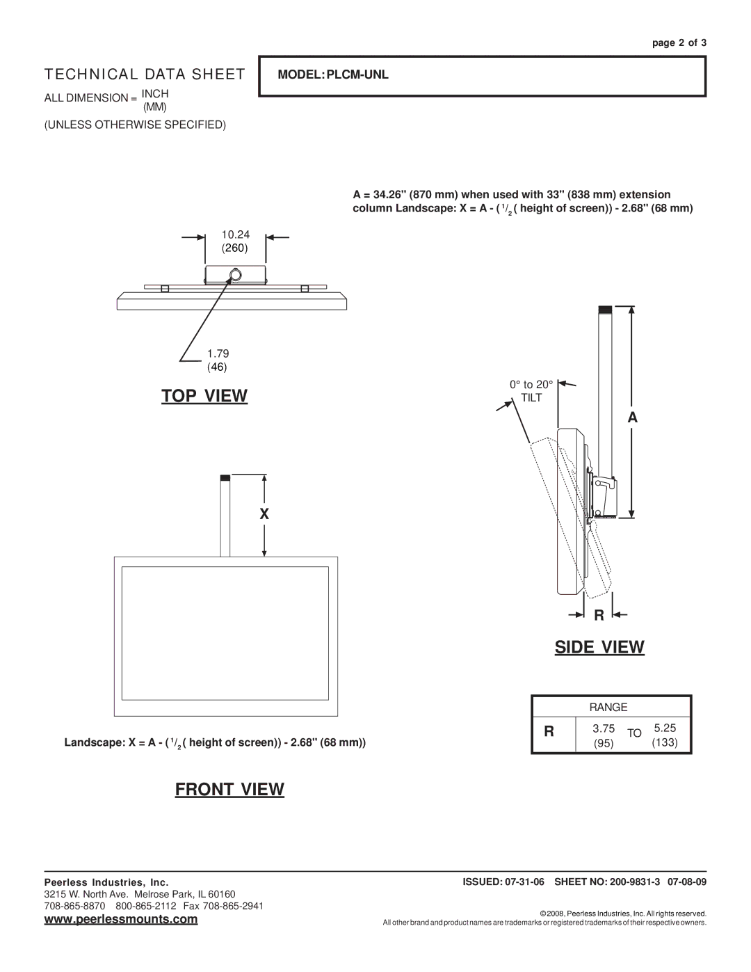 Peerless Industries PLCM-UNL installation instructions TOP View, Side View, Front View, Technical Data Sheet 