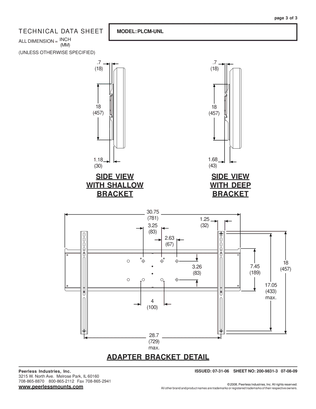 Peerless Industries PLCM-UNL Side View With Shallow With Deep Bracket, Adapter Bracket Detail, 457 