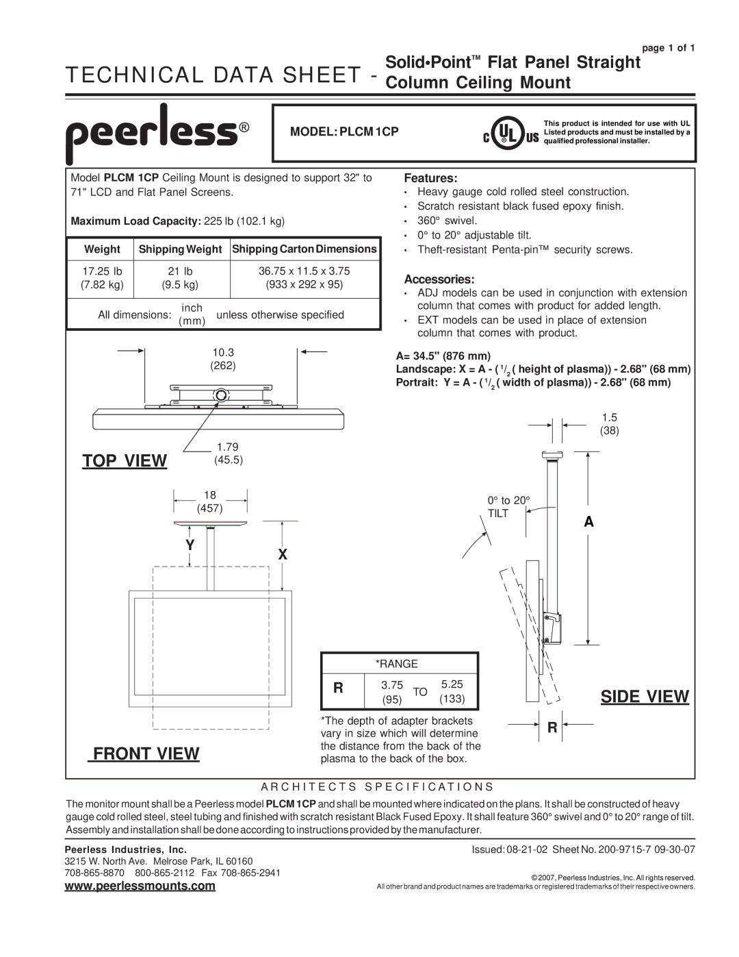 Peerless Industries PLCM1CP specifications TOP View, Front View, Side View, Model Plcm 1CP 