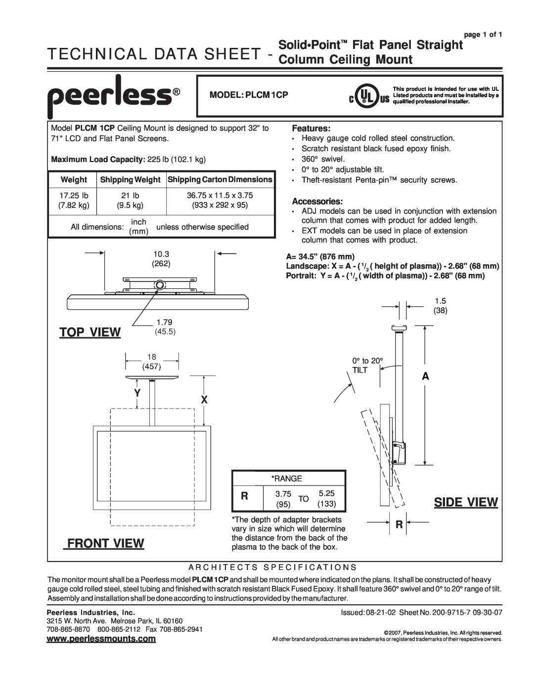 Peerless Industries PLCM1CP specifications Top View, Front View, Side View, MODEL PLCM 1CP, Features, Accessories, Weight 