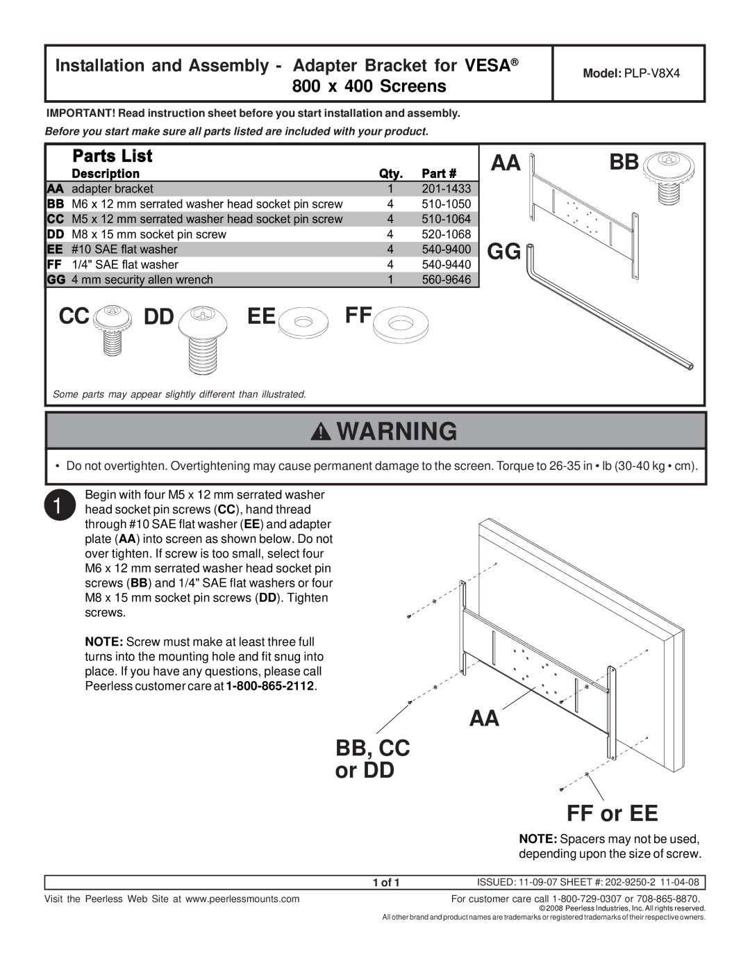 Peerless Industries PLP-V84X instruction sheet Cc Dd Ee Ff, Bb, Cc, Or DD FF or EE, Parts List, Description Qty 