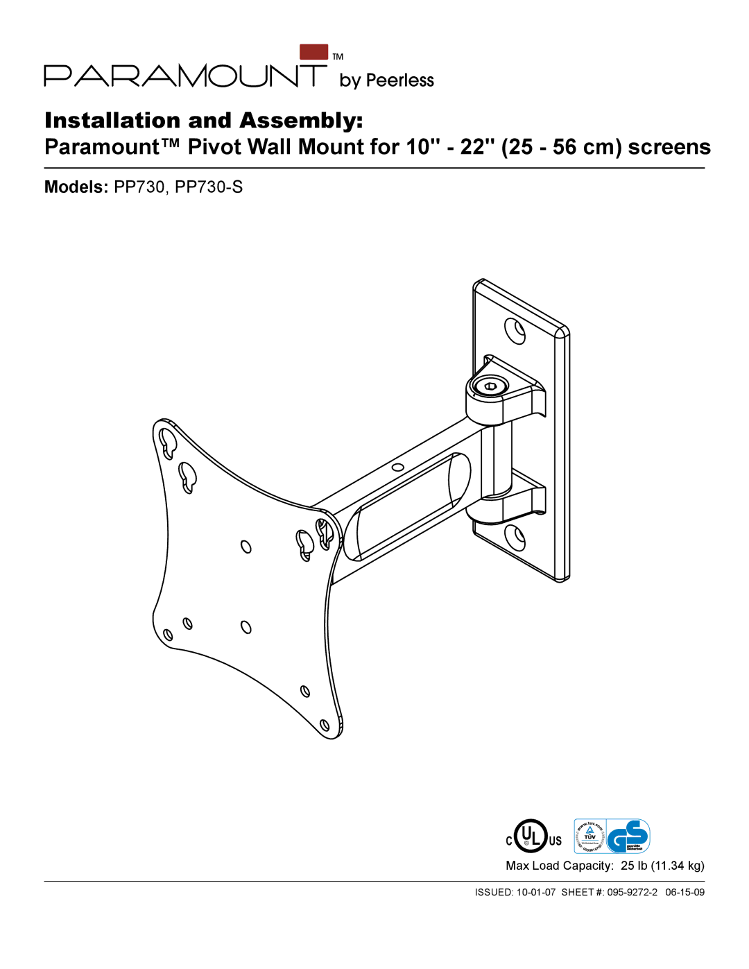 Peerless Industries manual Models PP730, PP730-S, L Us 