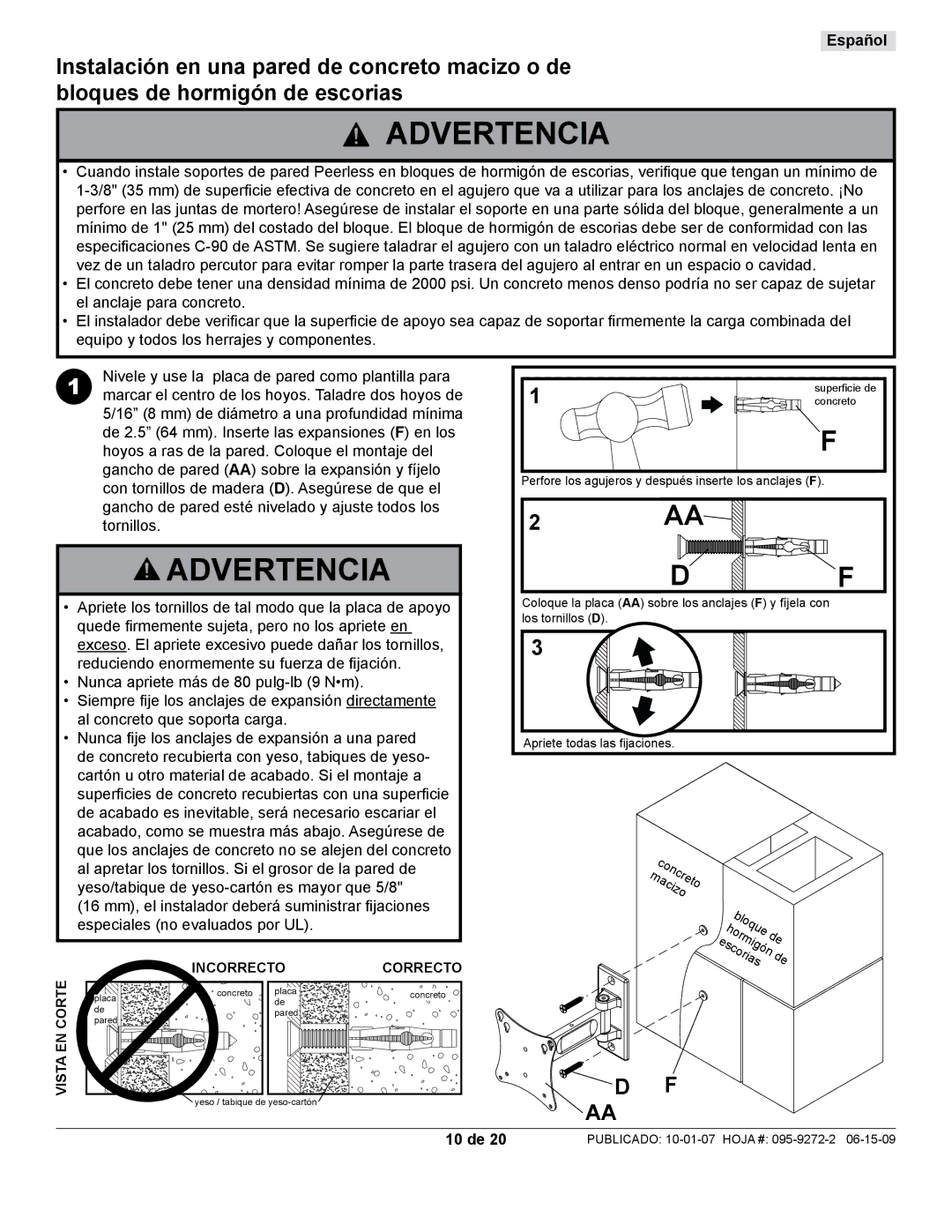 Peerless Industries PP730-S manual 10 de, Incorrecto Correcto 