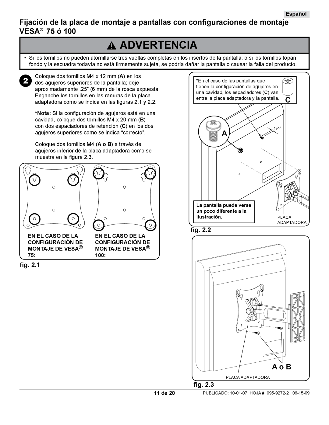 Peerless Industries PP730-S manual EN EL Caso DE LA Configuración DE Montaje DE Vesa, 100, 11 de 