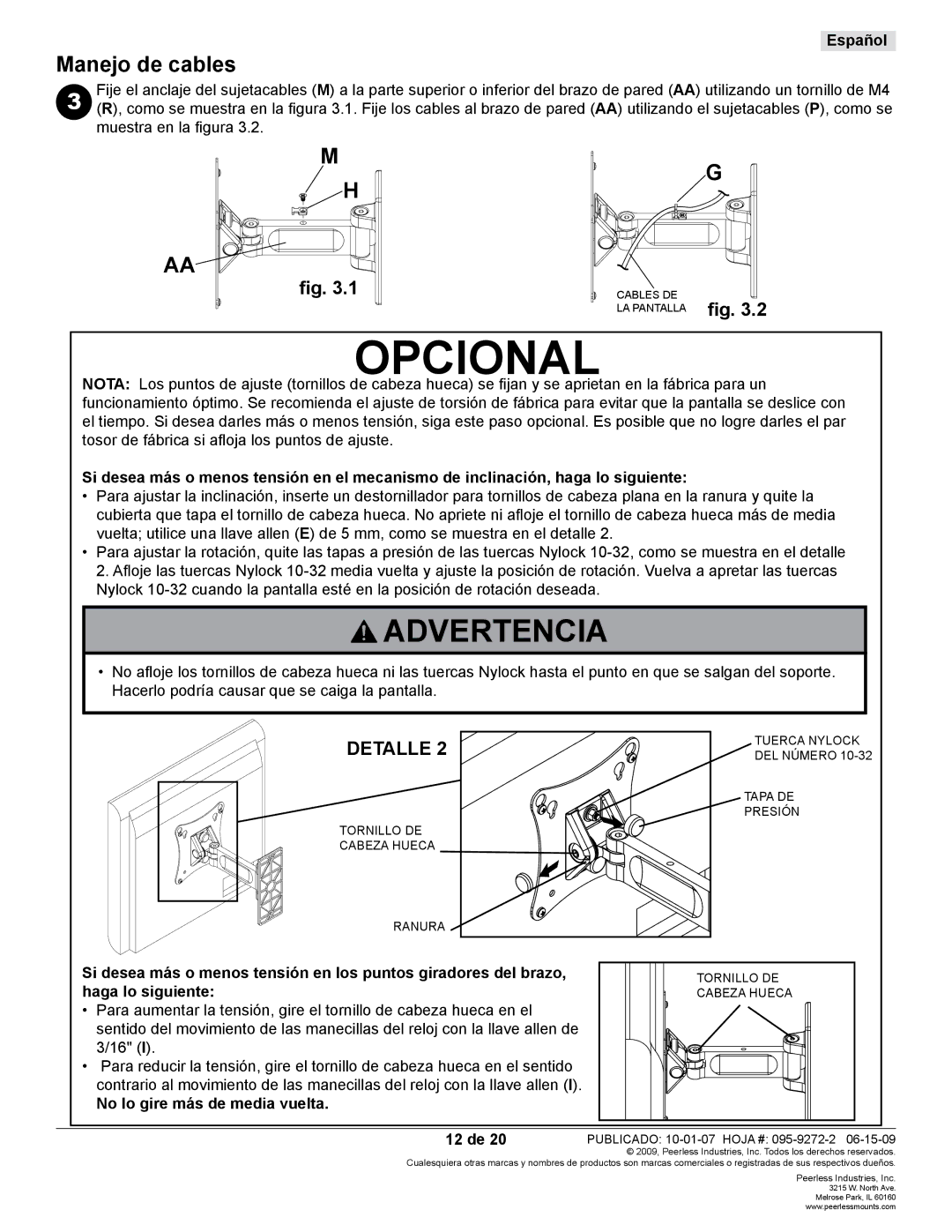 Peerless Industries PP730-S manual Opcional, Manejo de cables, No lo gire más de media vuelta, 12 de 