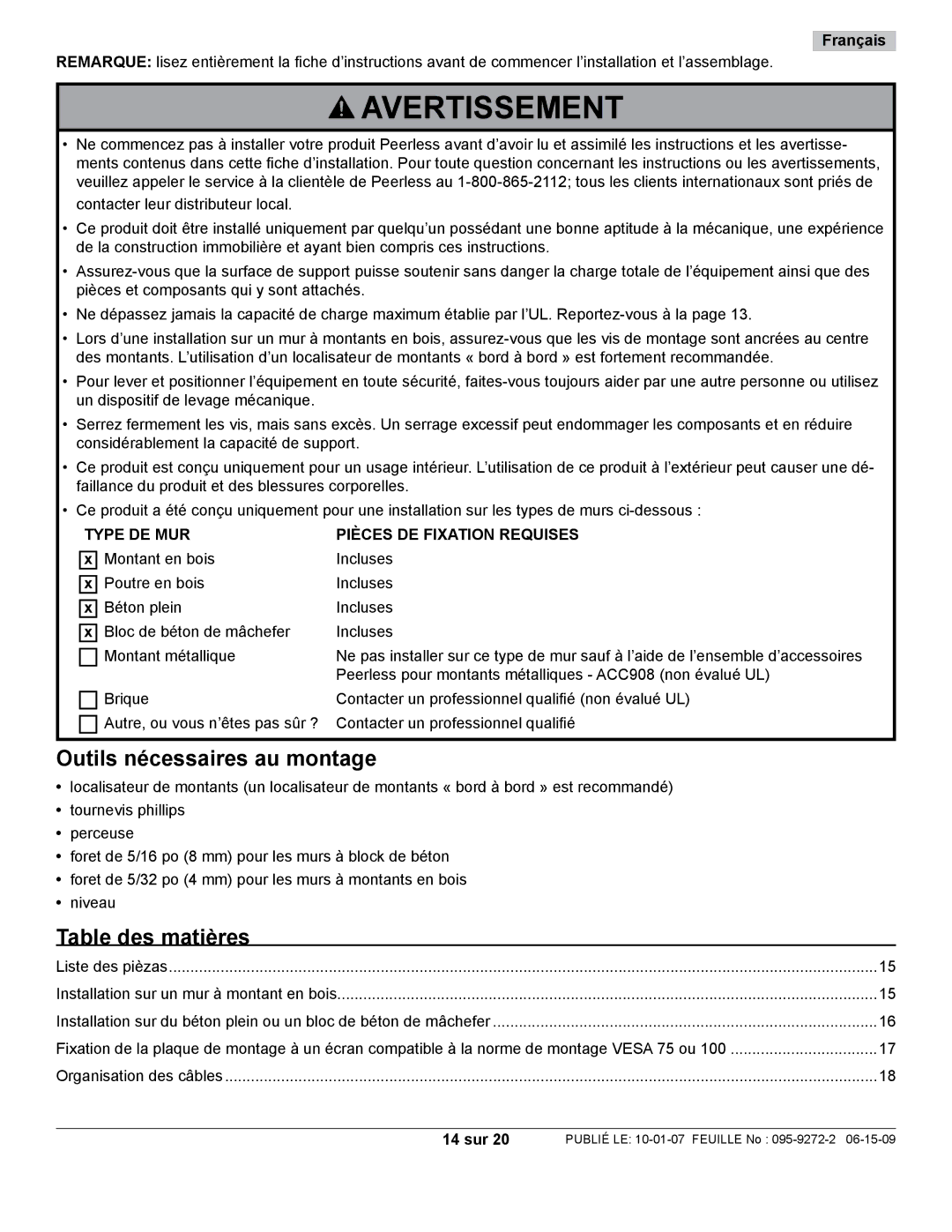 Peerless Industries PP730-S manual Outils nécessaires au montage, Table des matières, Français, 14 sur 