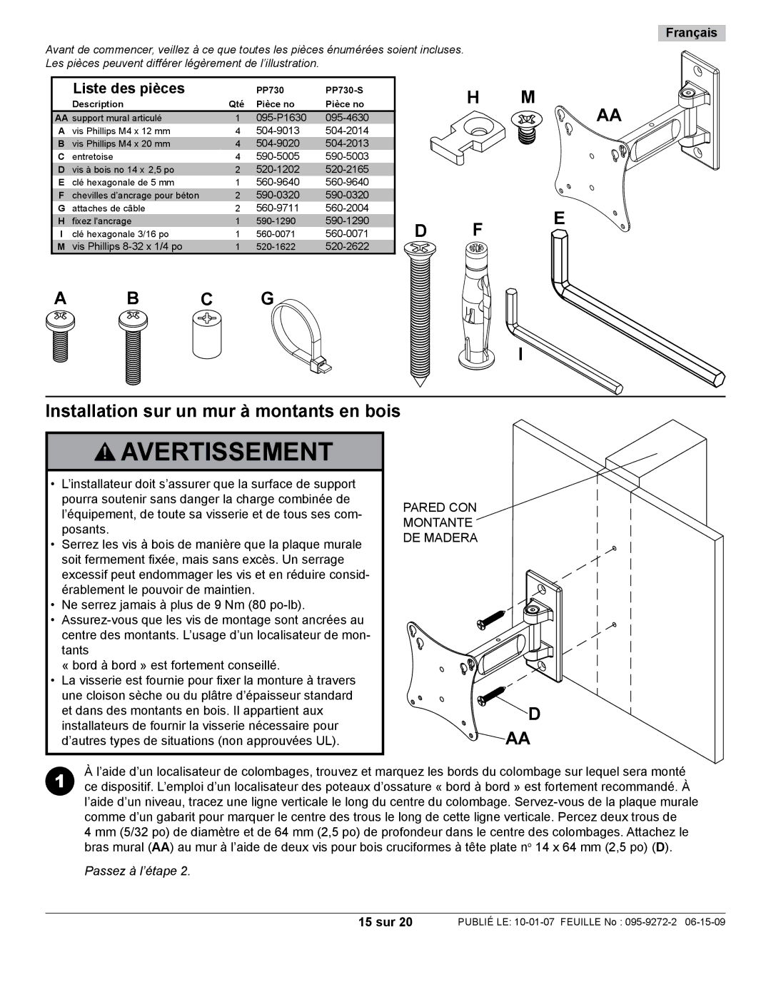 Peerless Industries PP730-S manual Installation sur un mur à montants en bois, 15 sur 