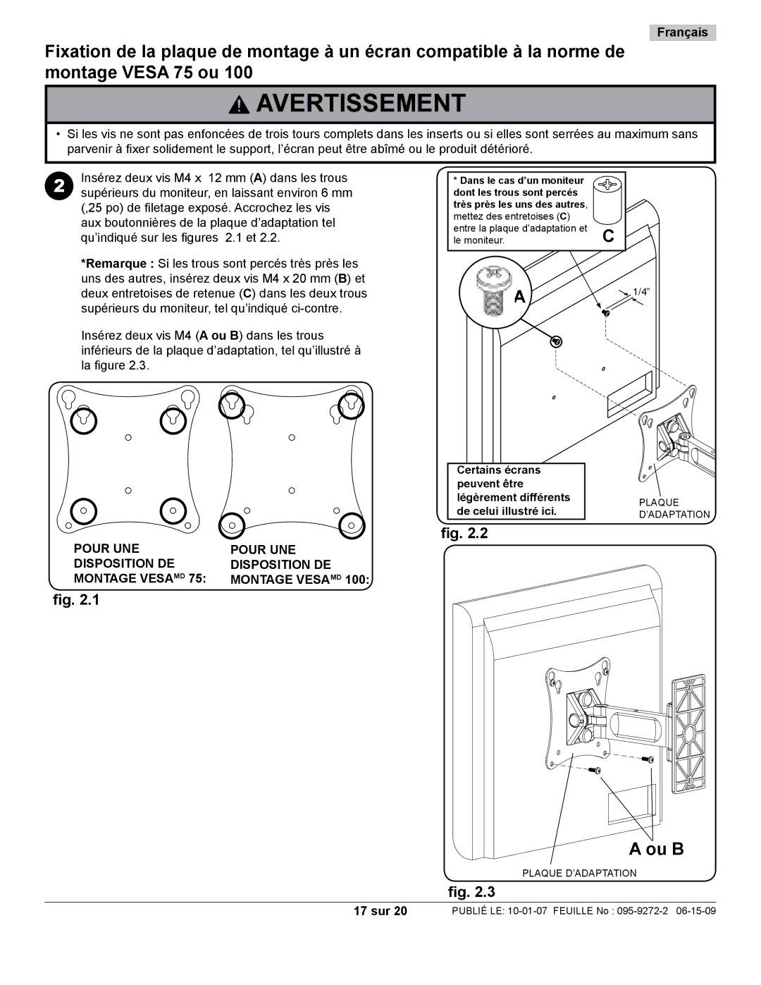 Peerless Industries PP730-S manual Ou B, Pour UNE Disposition DE Montage Vesa MD, 17 sur 