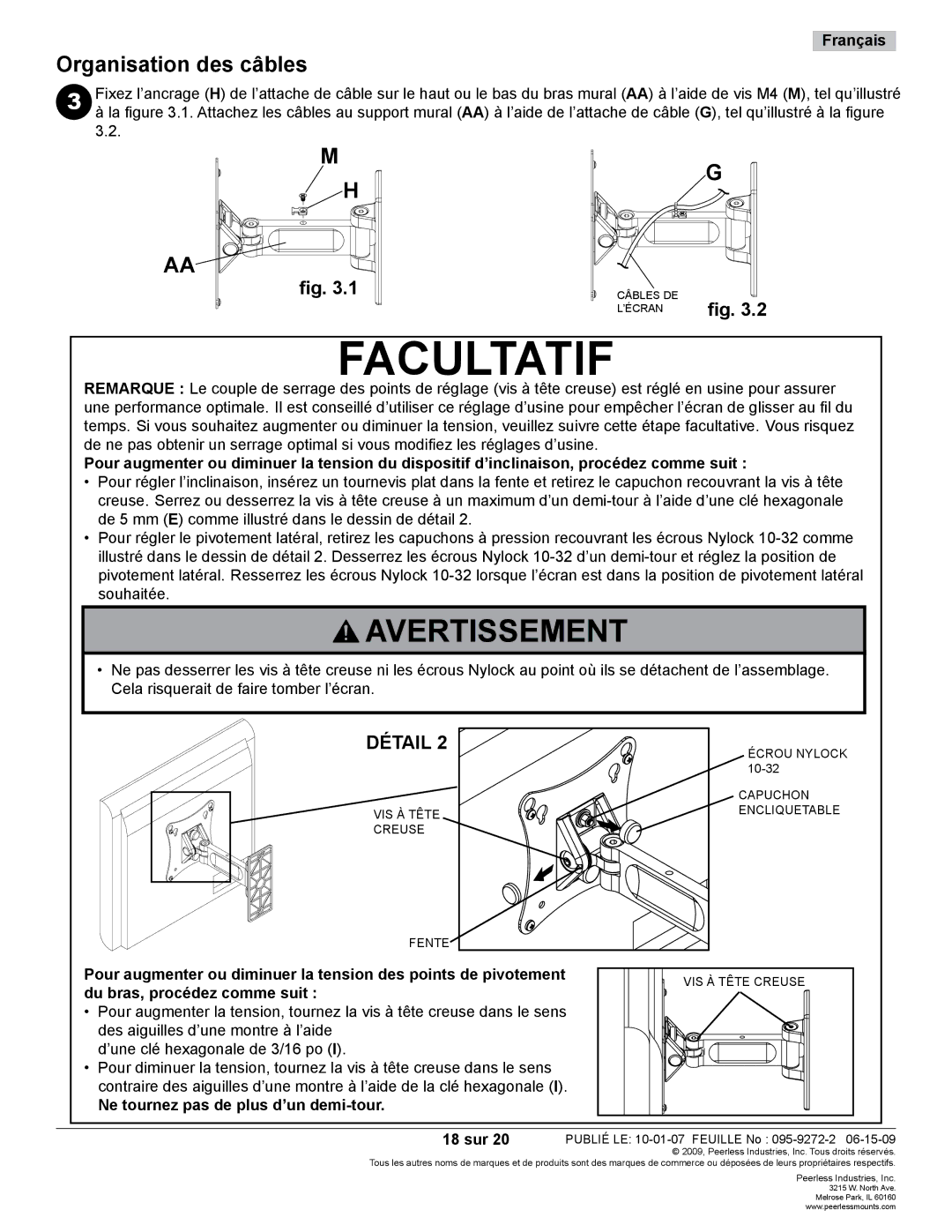 Peerless Industries PP730-S manual Facultatif, Organisation des câbles, Ne tournez pas de plus d’un demi-tour, 18 sur 