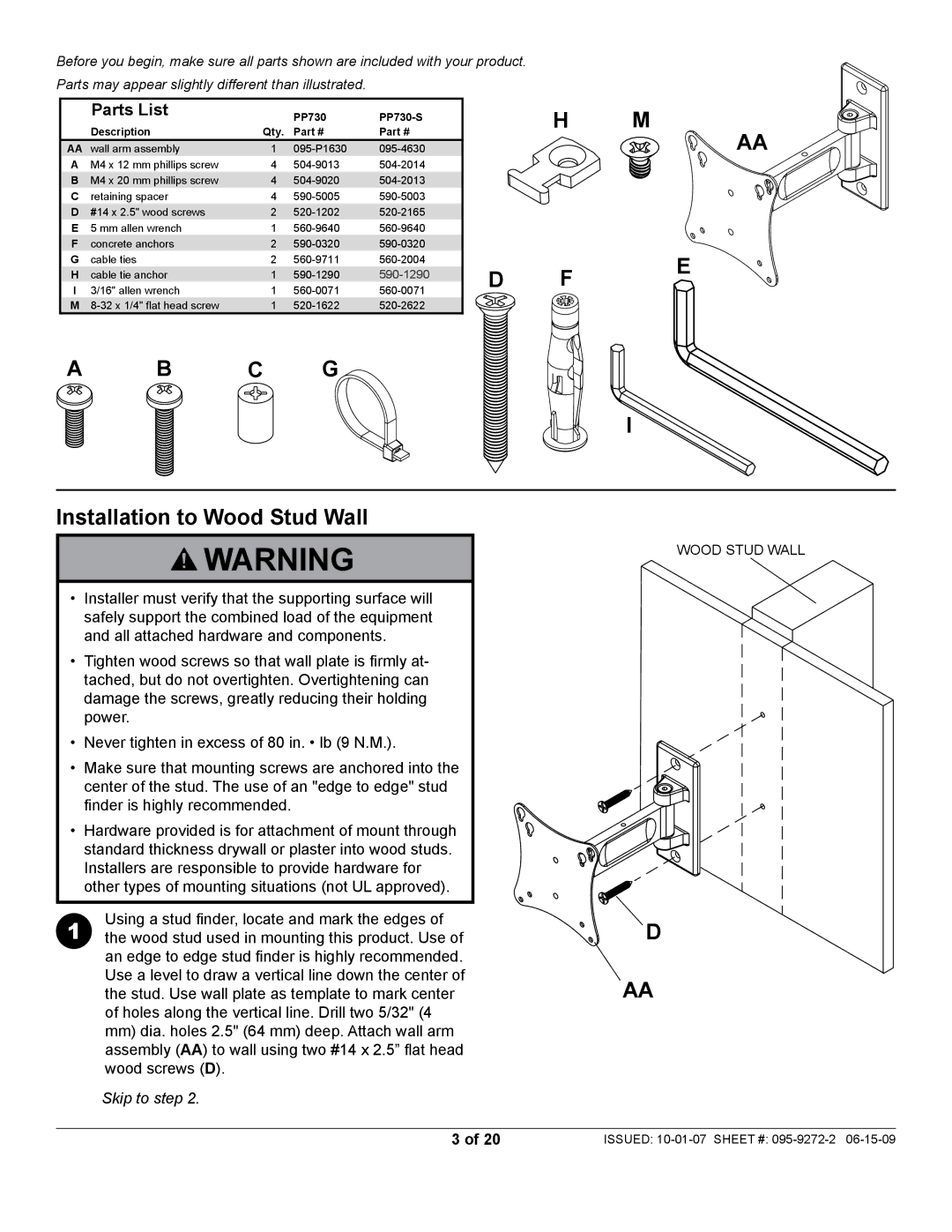 Peerless Industries PP730-S manual Installation to Wood Stud Wall, Parts List 