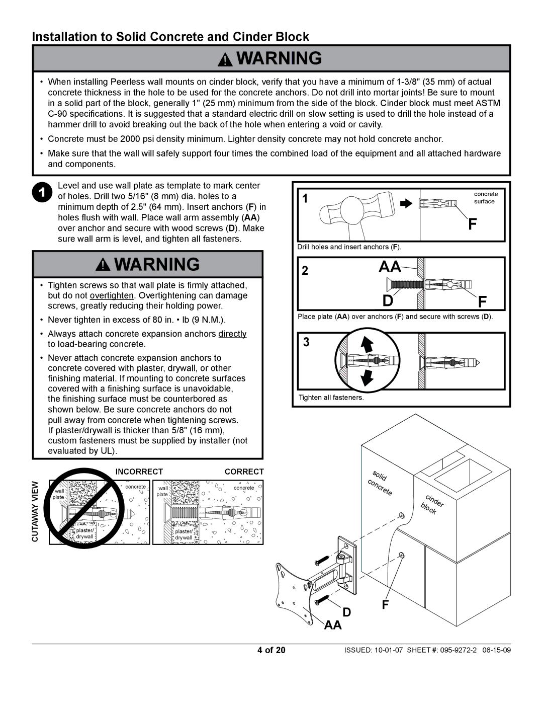 Peerless Industries PP730-S manual Installation to Solid Concrete and Cinder Block 