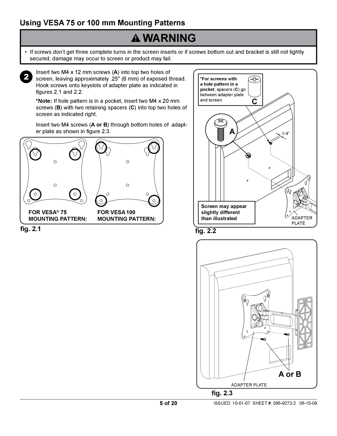 Peerless Industries PP730-S manual Using Vesa 75 or 100 mm Mounting Patterns, Or B, For Vesa 