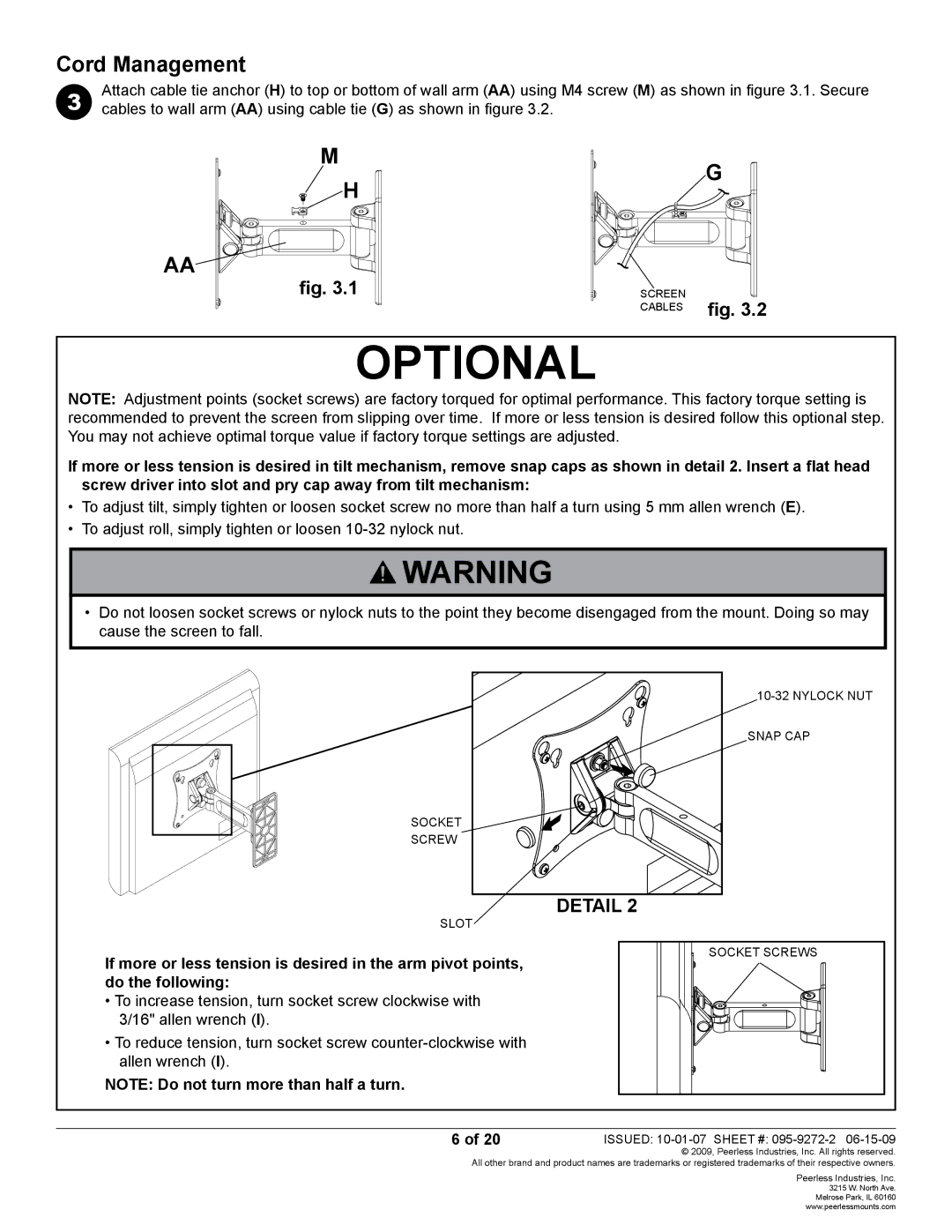 Peerless Industries PP730-S manual Optional, Cord Management 