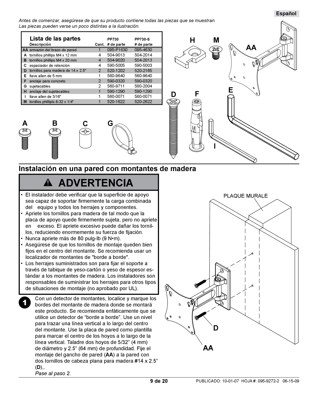 Peerless Industries PP730-S manual Instalación en una pared con montantes de madera, Lista de las partes 