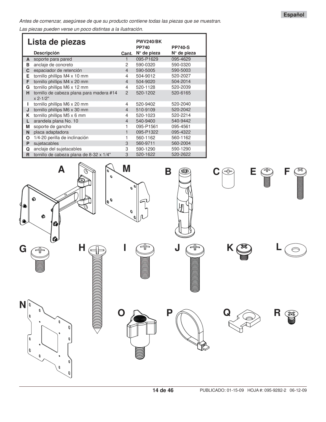 Peerless Industries PP740-S manual Lista de piezas, 14 de 