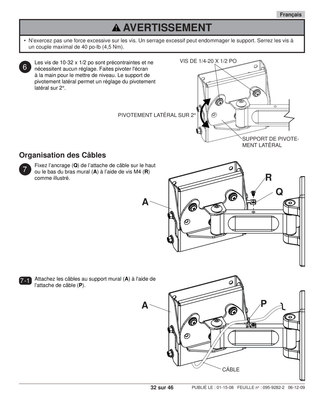 Peerless Industries PP740-S manual Organisation des Câbles, 32 sur 