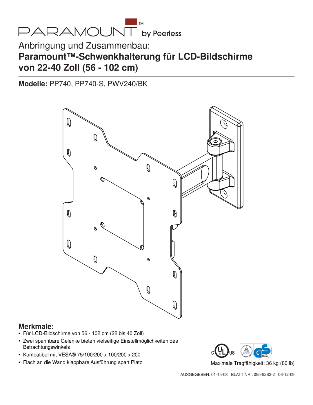 Peerless Industries PP740-S manual Merkmale 