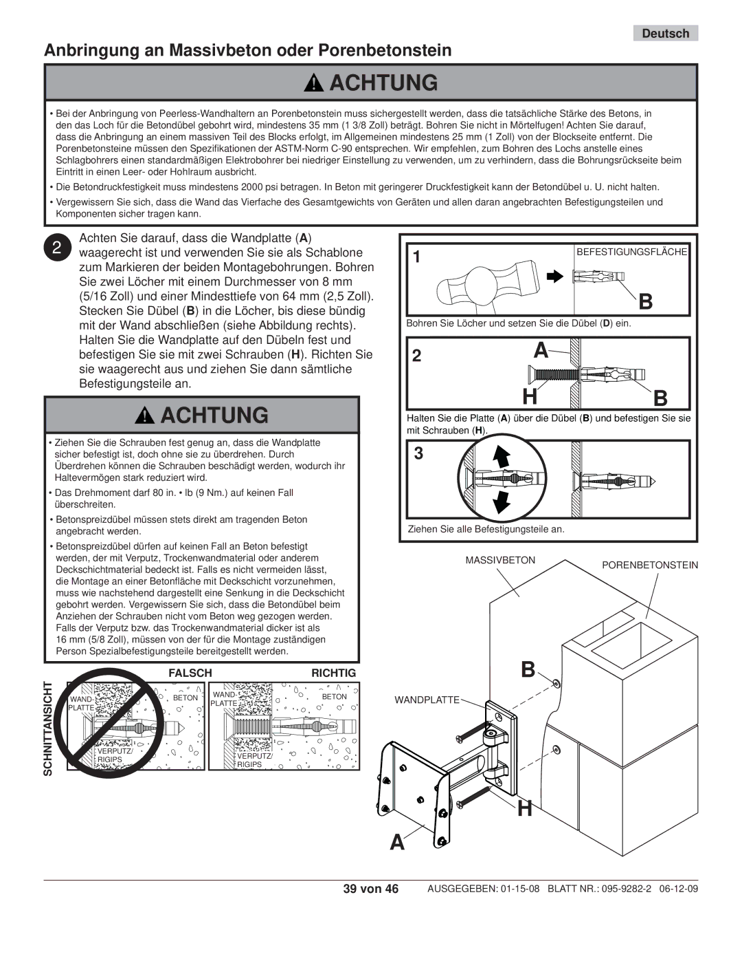 Peerless Industries PP740-S manual Anbringung an Massivbeton oder Porenbetonstein, 39 von 