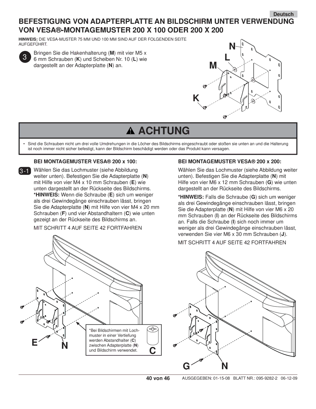 Peerless Industries PP740-S manual Achtung, BEI Montagemuster Vesa 200 x 