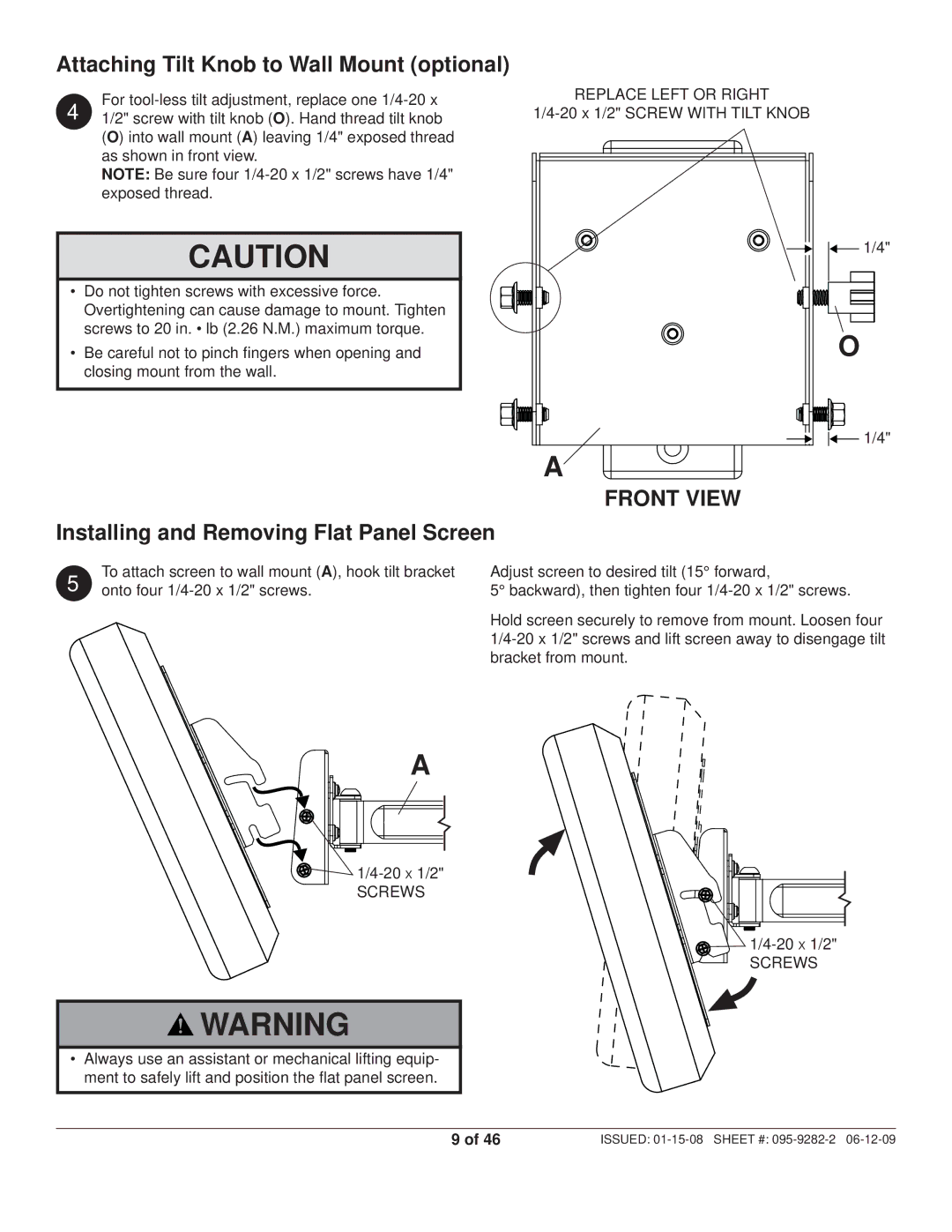 Peerless Industries PP740-S manual Attaching Tilt Knob to Wall Mount optional, Installing and Removing Flat Panel Screen 